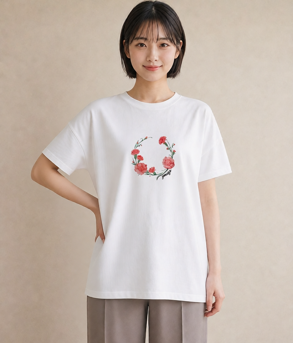 プリントTシャツ レディース カーネーション 花 花柄 イラスト モード 買い物 夏コーデ 白T