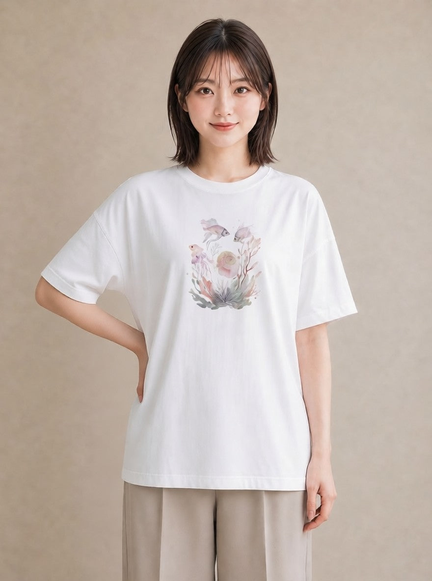 デザインTシャツ レディース サンゴ 海の生き物 海 イラスト 線画 友達ギフト 部屋着 白T YMAZO