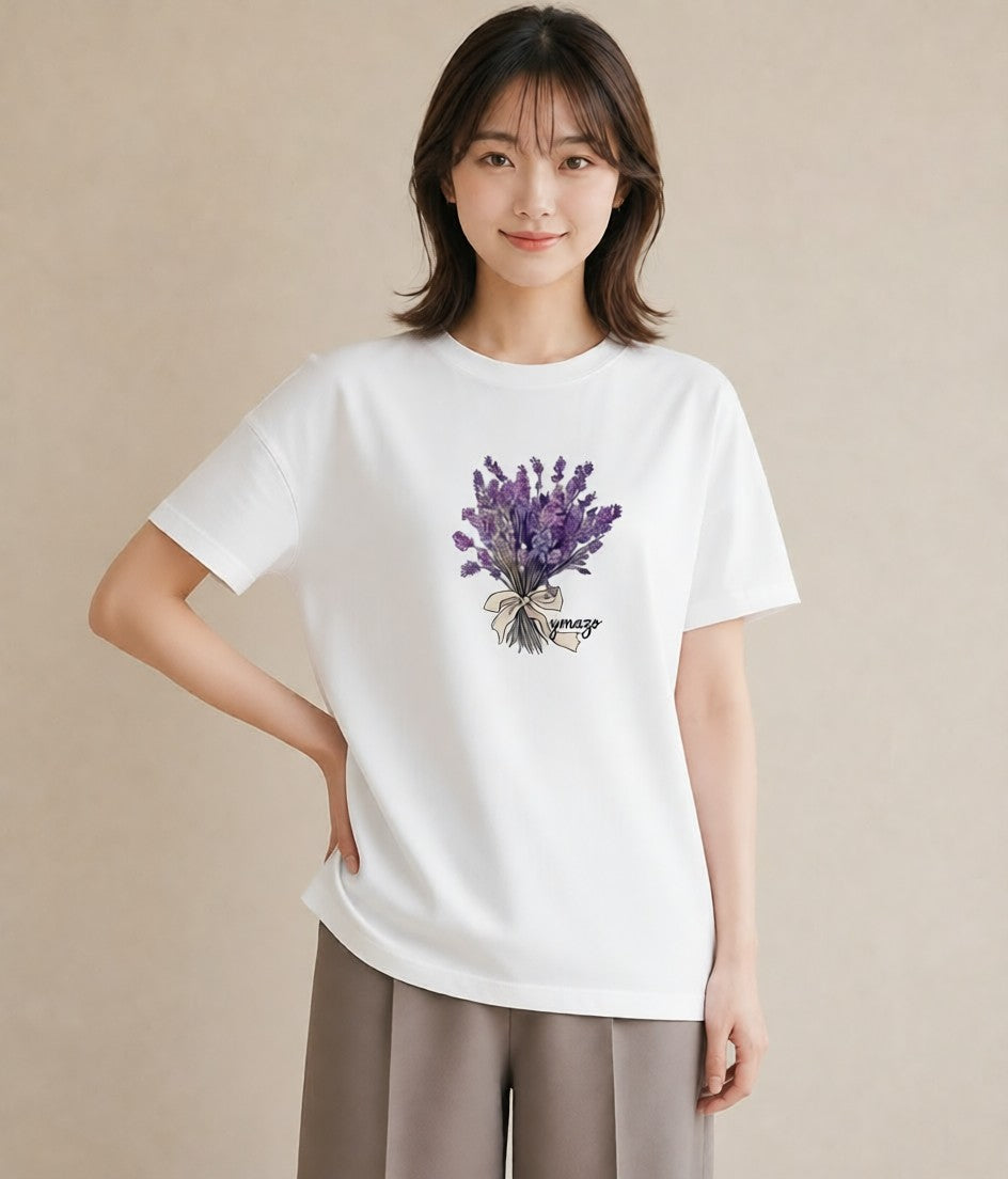グラフィックTシャツ レディース ラベンダー 花 花柄 イラスト カフェコーデ クリスマス 旅行 白T YMAZO
