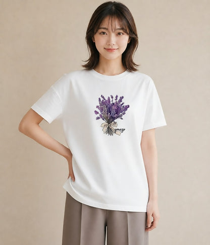 グラフィックTシャツ レディース ラベンダー 花 花柄 イラスト カフェコーデ クリスマス 旅行 白T YMAZO
