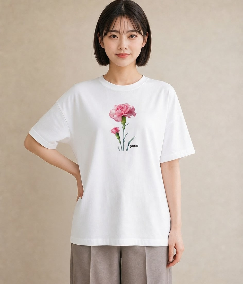 プリントTシャツ レディース カーネーション 花 花柄 イラスト きれいめ 春服 ミセス 白T YMAZO