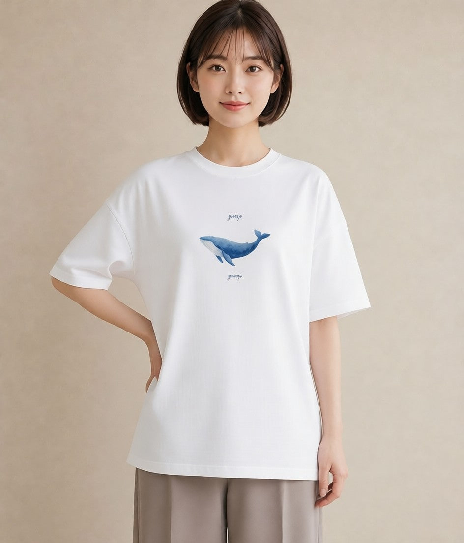 プリントTシャツ レディース ジンベエザメ 海の生き物 海 イラスト ゆるコーデ ペアコーデ 秋コーデ 白T YMAZO