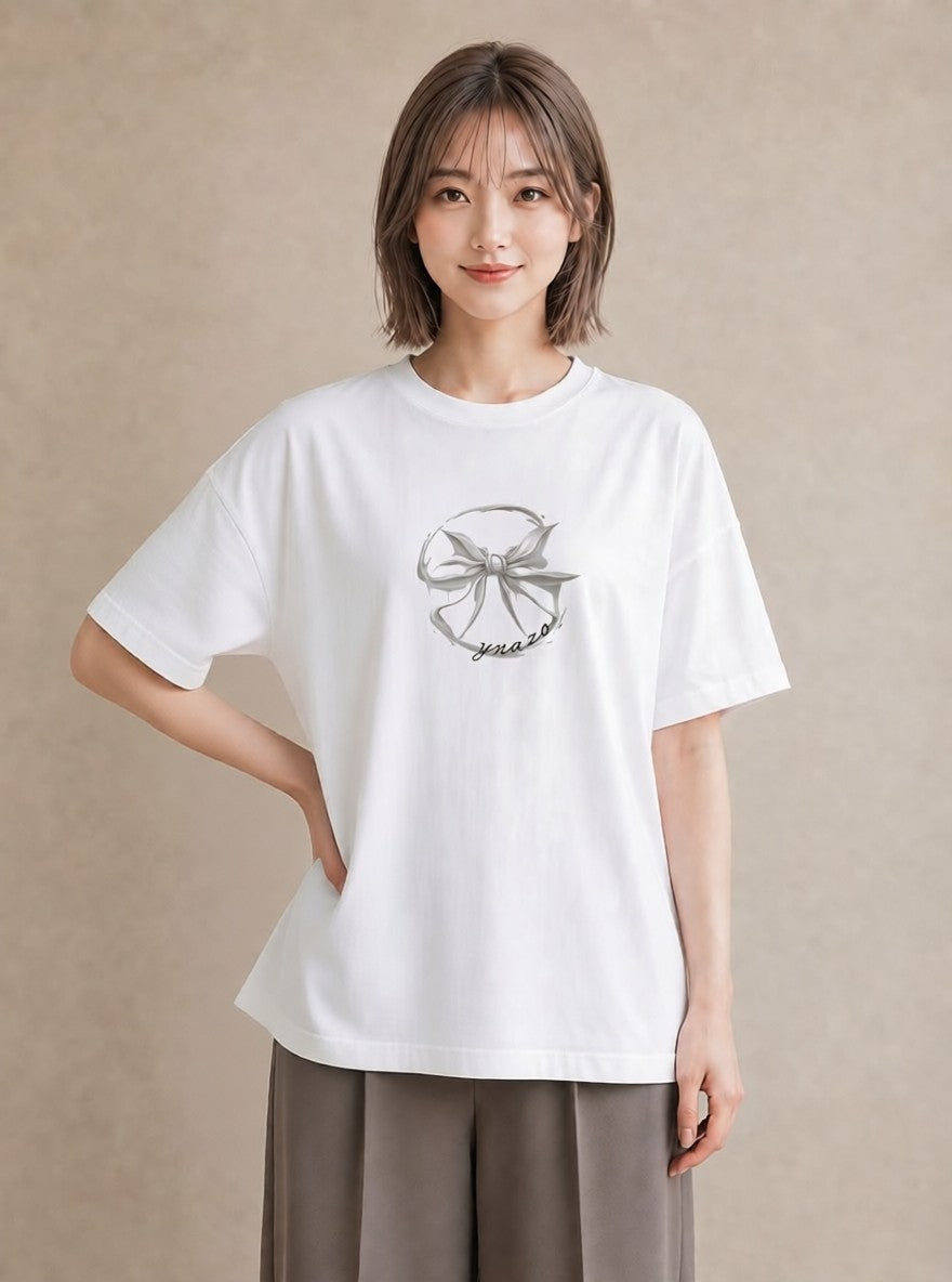 Tシャツ レディース リボン ボウ りぼん イラスト ボタニカル 敬老の日 ホワイトデー 白T YMAZO