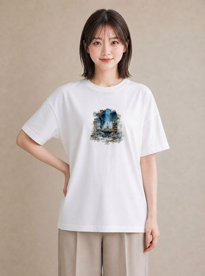 プリントTシャツ レディース 駅のホーム ローカル線 駅 ナチュラル アンティーク イラスト 韓国風 海 カフェ巡り 白T YMAZO