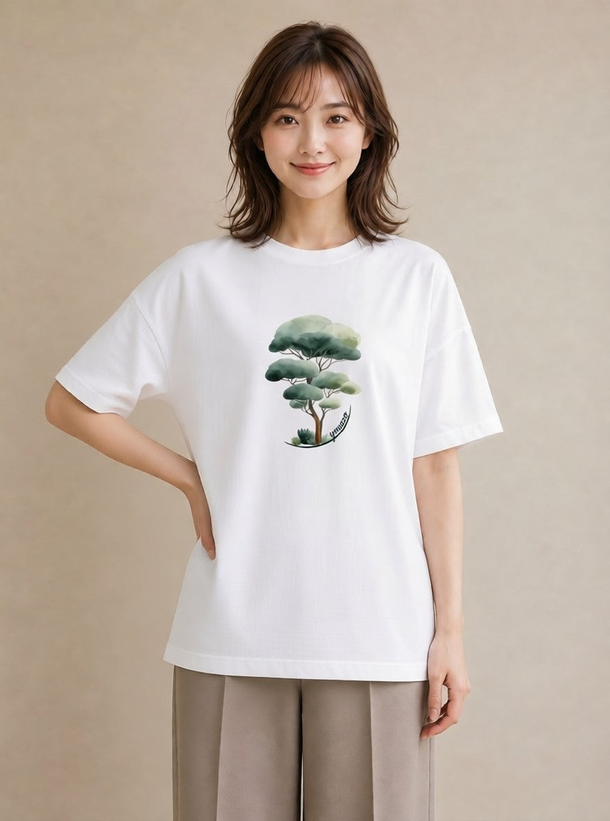半袖Tシャツ レディース 森 植物 ボタニカル イラスト ニュアンス 春服 ミセス 白T YMAZO