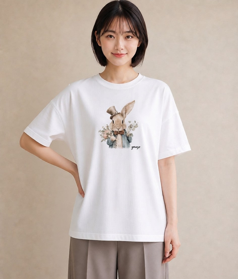 デザインTシャツ レディース ライオンラビット ペット 動物 イラスト 旅行用 海 白T YMAZO