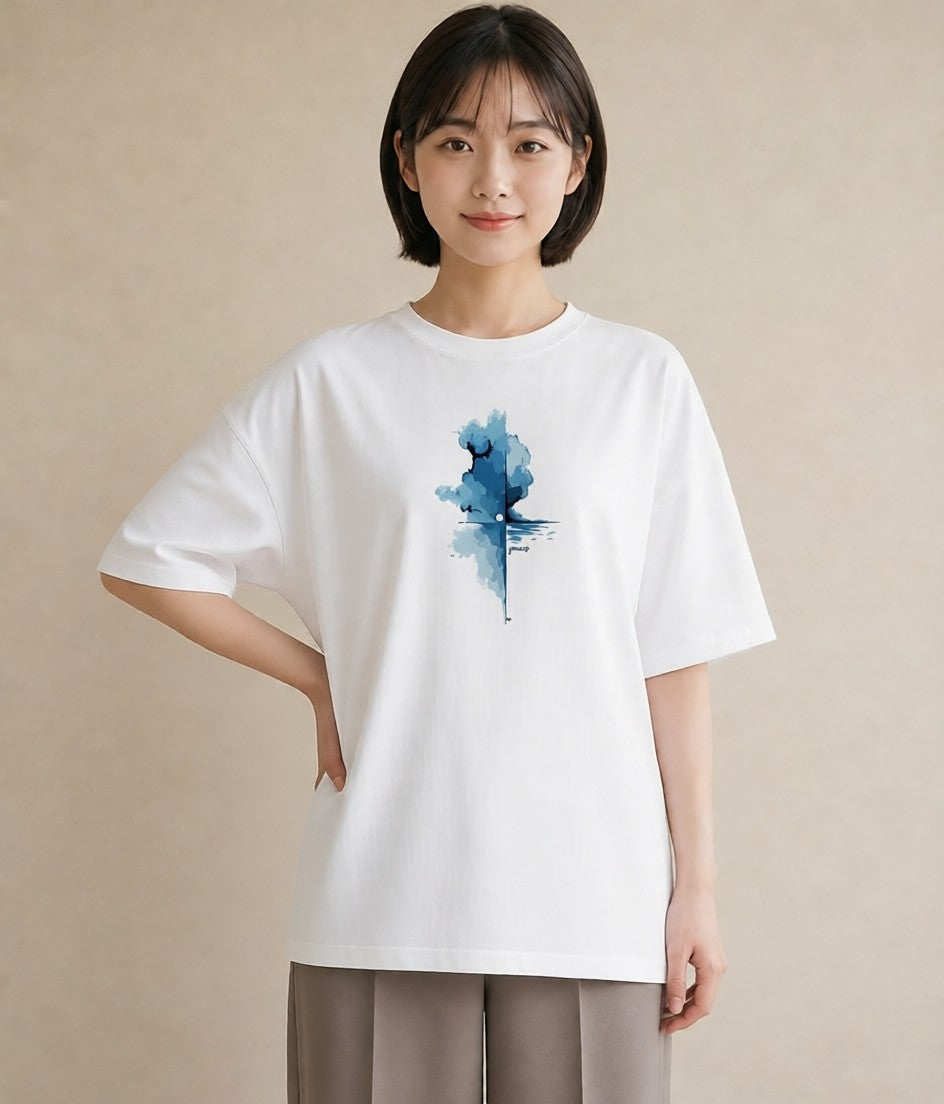 Tシャツ レディース 傘 水たまり 雨 ナチュラル アンティーク イラスト ガーリー おしゃれギフト 社会人 白T YMAZO