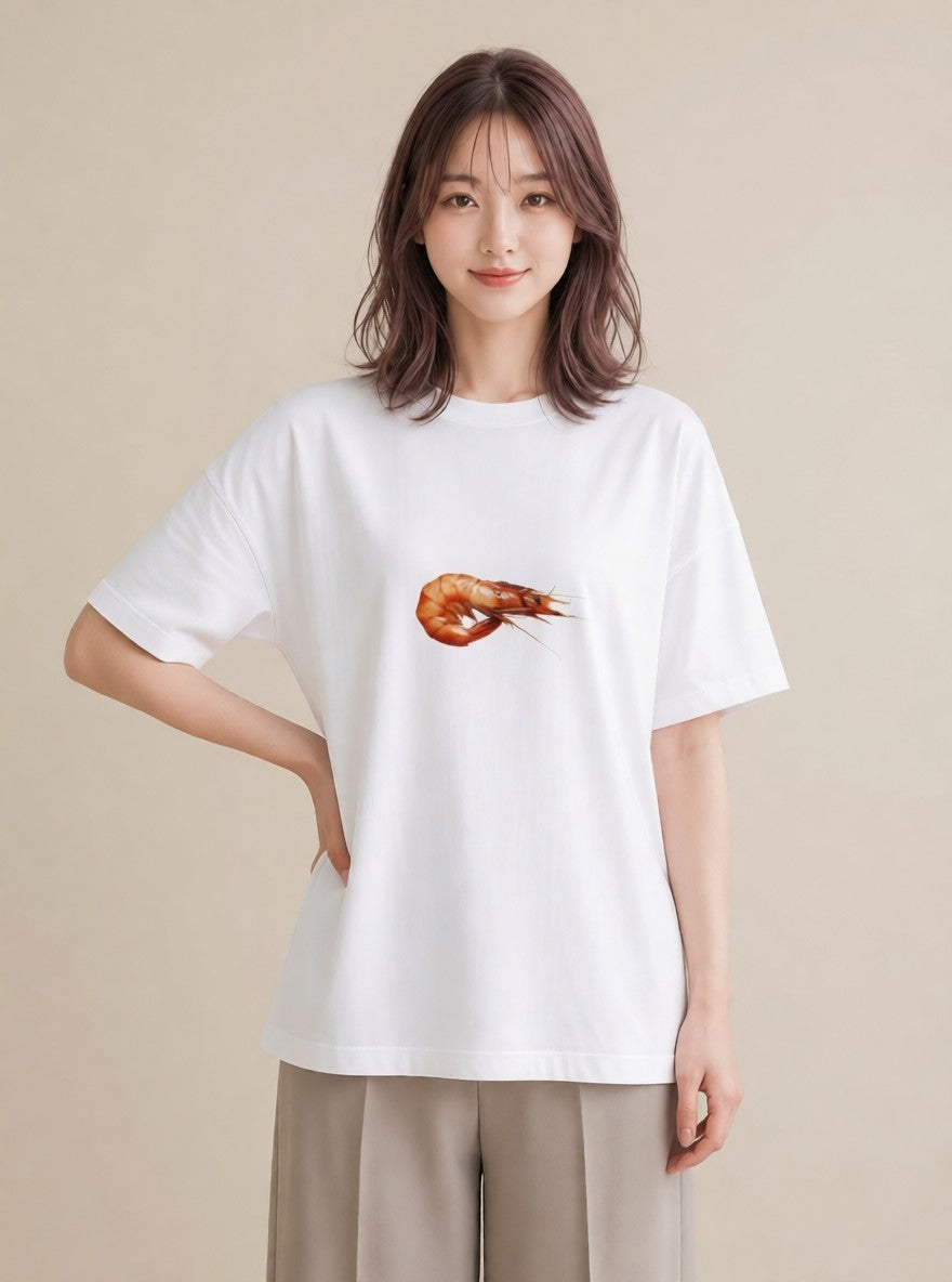 半袖Tシャツ レディース エビ 海の生き物 海 イラスト 水彩風 ビーチ デイリーウェア 白T YMAZO