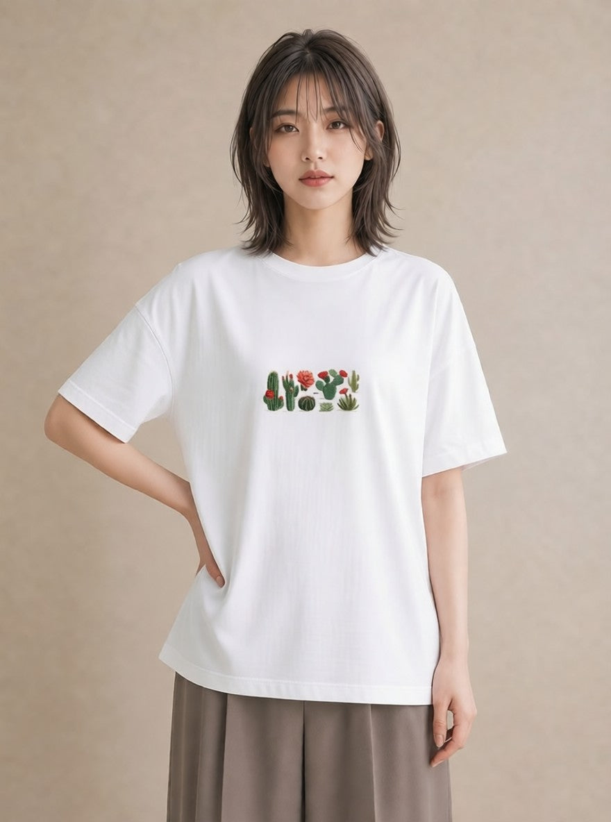 デザインTシャツ レディース サボテン 植物 ボタニカル イラスト ラフ 女性 旅行用 白T YMAZO