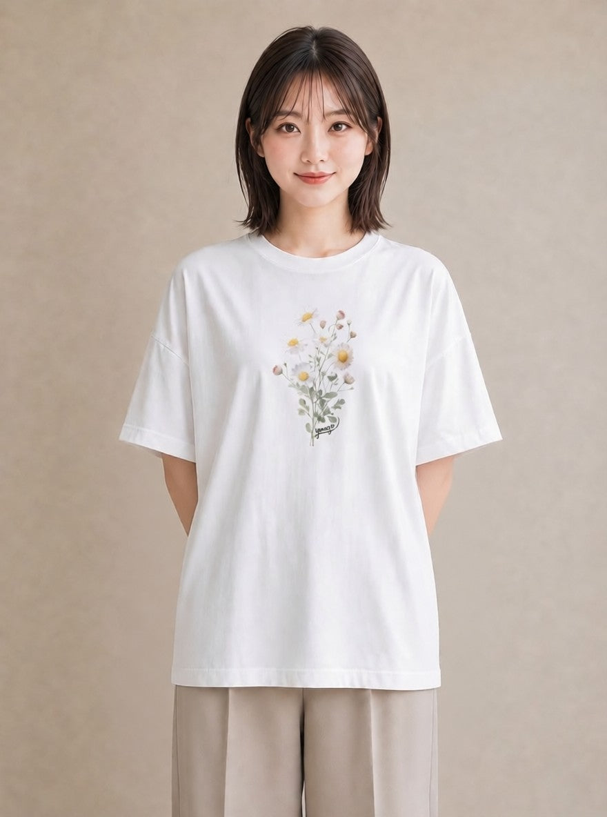 グラフィックTシャツ レディース マーガレット 花 花柄 イラスト きれいめ 公園 ママ 白T