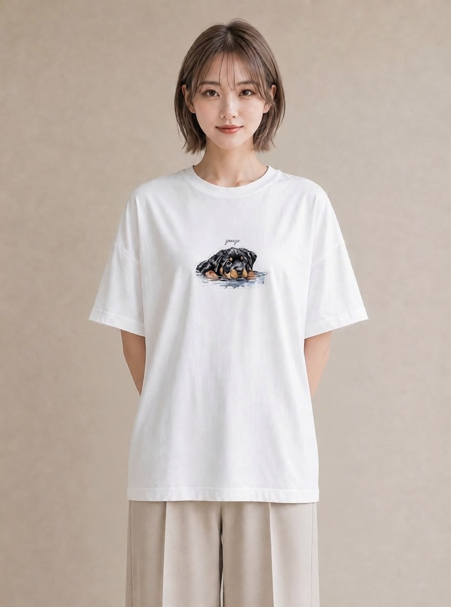 グラフィックTシャツ レディース 黒柴 犬 いぬ イラスト 抜け感 在宅 公園 白T YMAZO