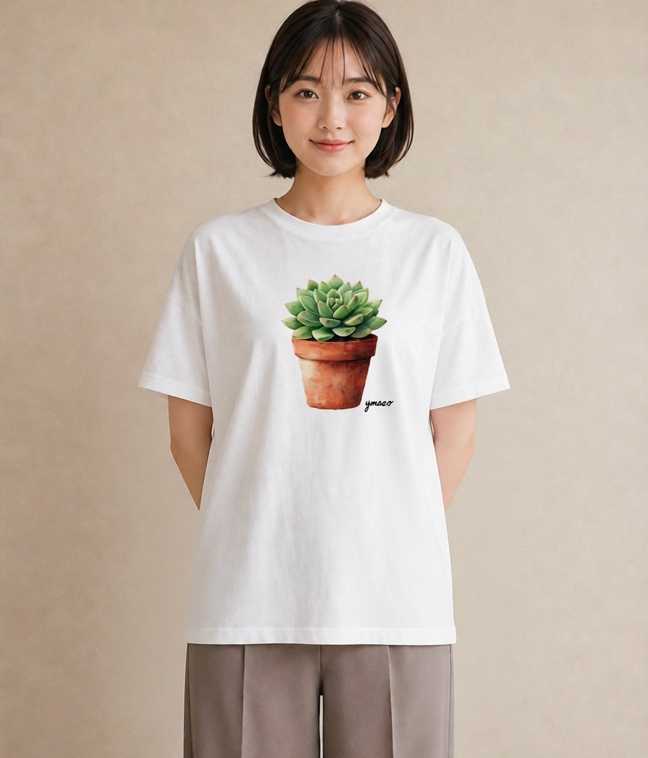 デザインTシャツ レディース 多肉植物 植物 ボタニカル イラスト シンプル 公園 ママ 白T YMAZO