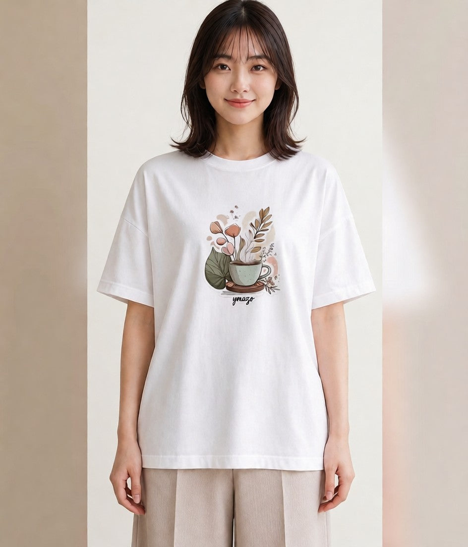 半袖Tシャツ レディース ココア 食べ物 フード イラスト 上品 ラフ レイヤード 白T YMAZO