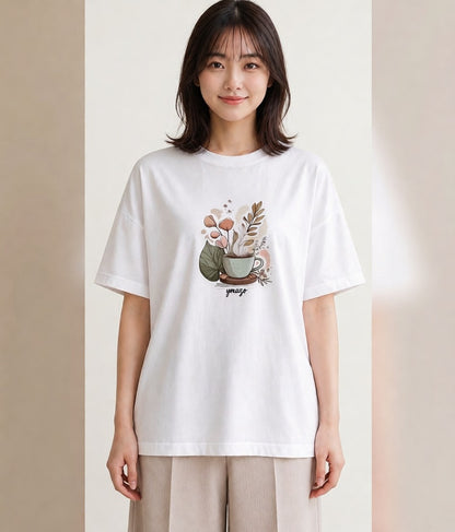 半袖Tシャツ レディース ココア 食べ物 フード イラスト 上品 ラフ レイヤード 白T YMAZO