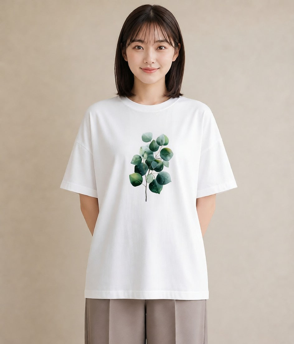 プリントTシャツ レディース ユーカリ 植物 ボタニカル イラスト ゆるかわ ビーチ デイリーウェア 白T YMAZO