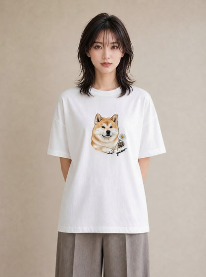 半袖Tシャツ レディース 秋田犬 犬 いぬ イラスト 可愛い 春服 ミセス 白T YMAZO