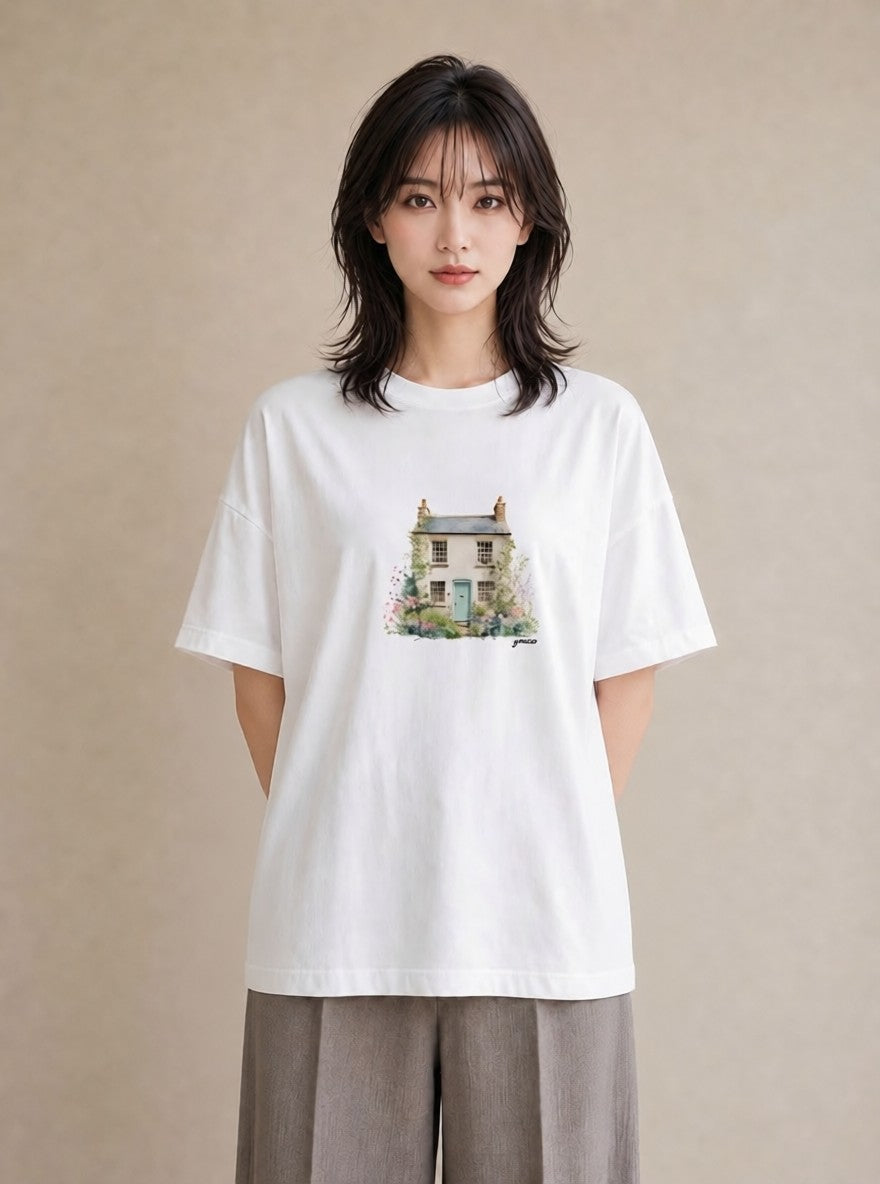 半袖Tシャツ レディース 湖畔の小屋 湖 小屋 ナチュラル アンティーク イラスト 韓国風 ママ カフェ服 白T YMAZO