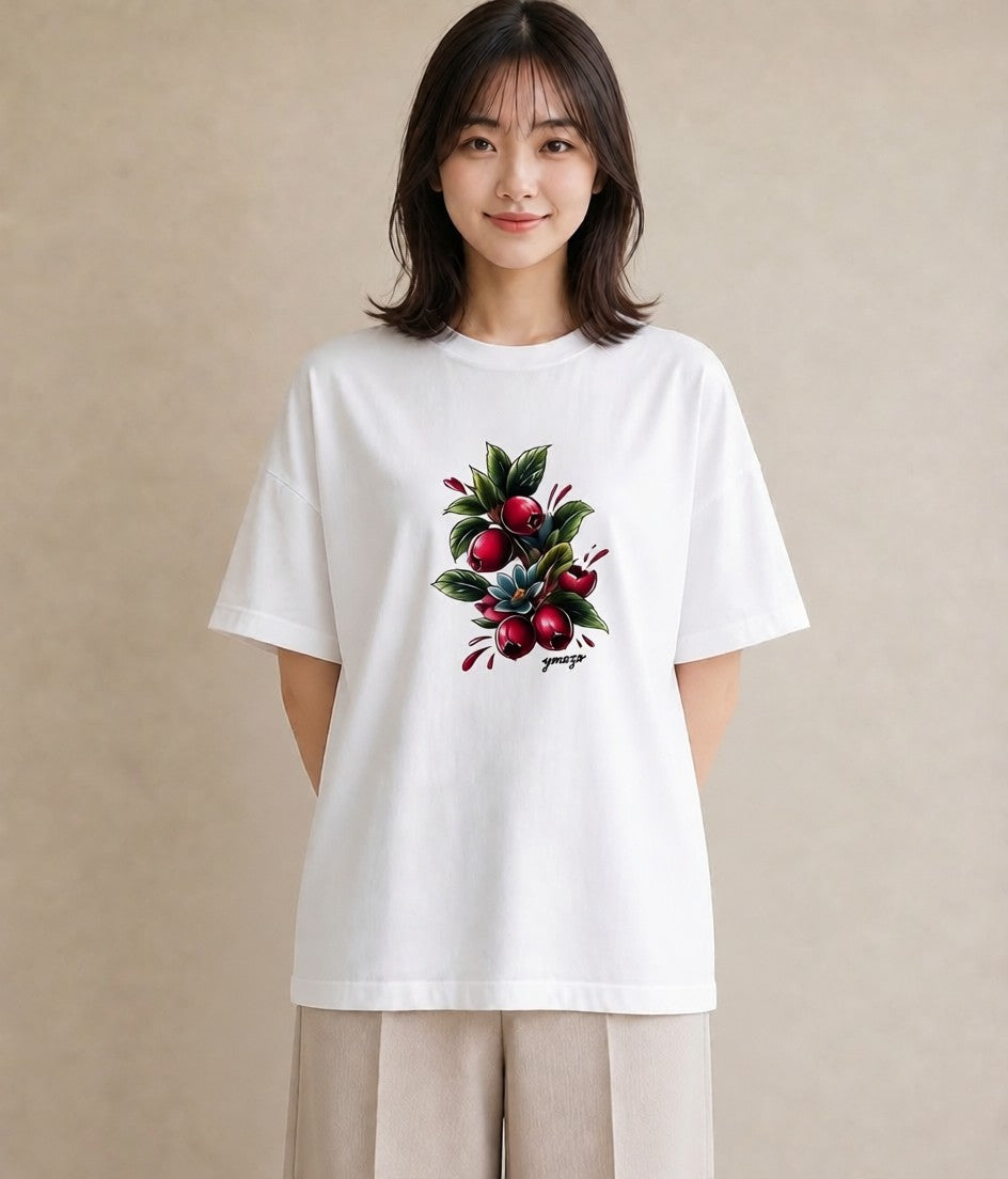 Tシャツ レディース 木の実 植物 ボタニカル イラスト ラフ お出かけ 普段着 白T YMAZO