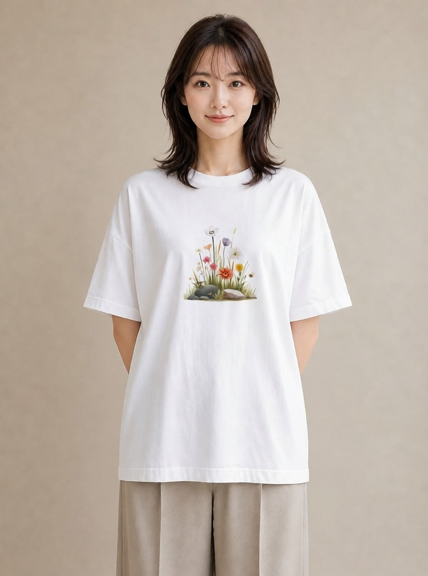デザインTシャツ レディース ポスト 野の花 レトロ ナチュラル アンティーク イラスト きれいめ お出かけ 普段着 白T YMAZO