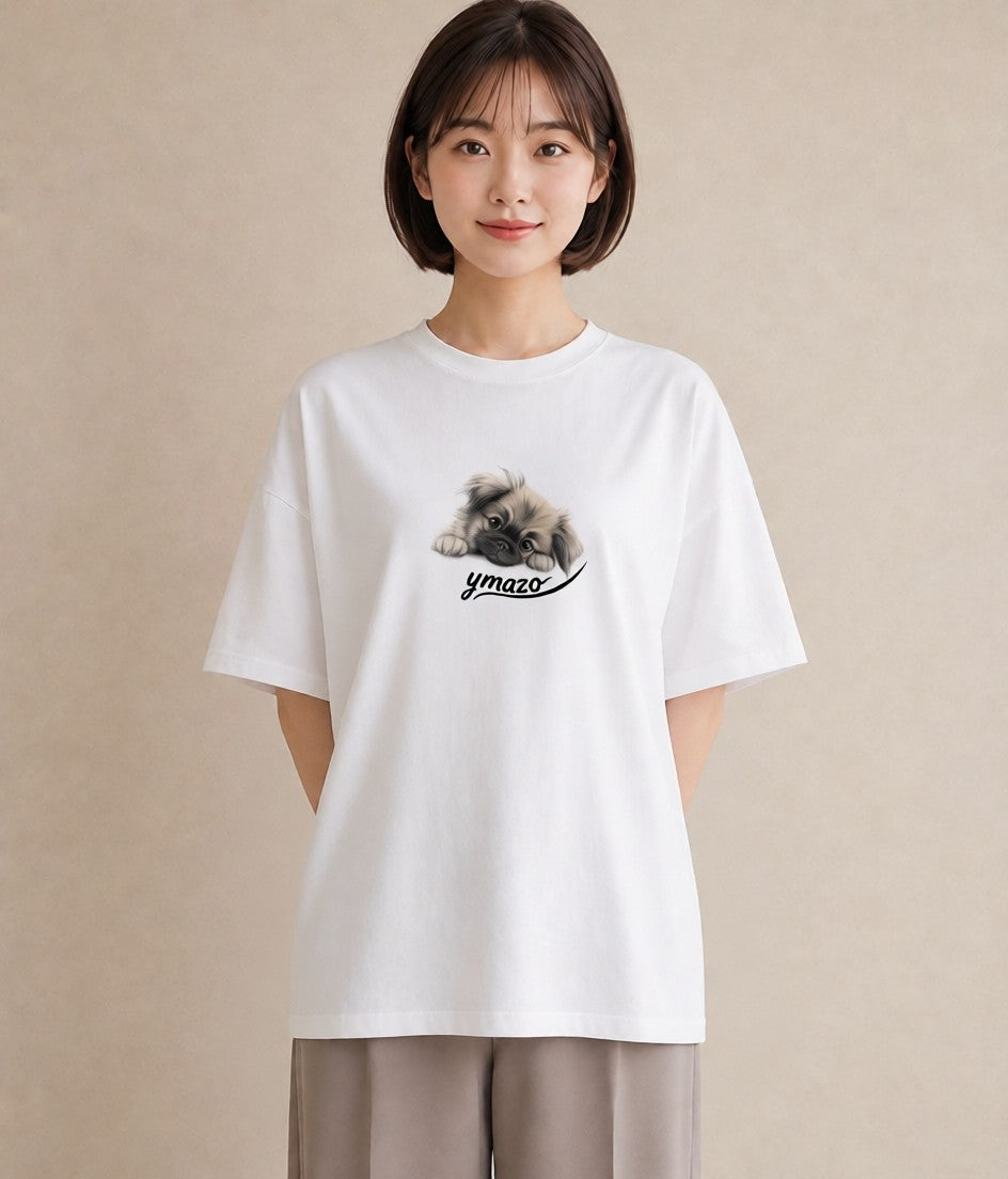 半袖Tシャツ レディース 狆 犬 いぬ イラスト 旅行コーデ お出かけ 普段着 白T YMAZO