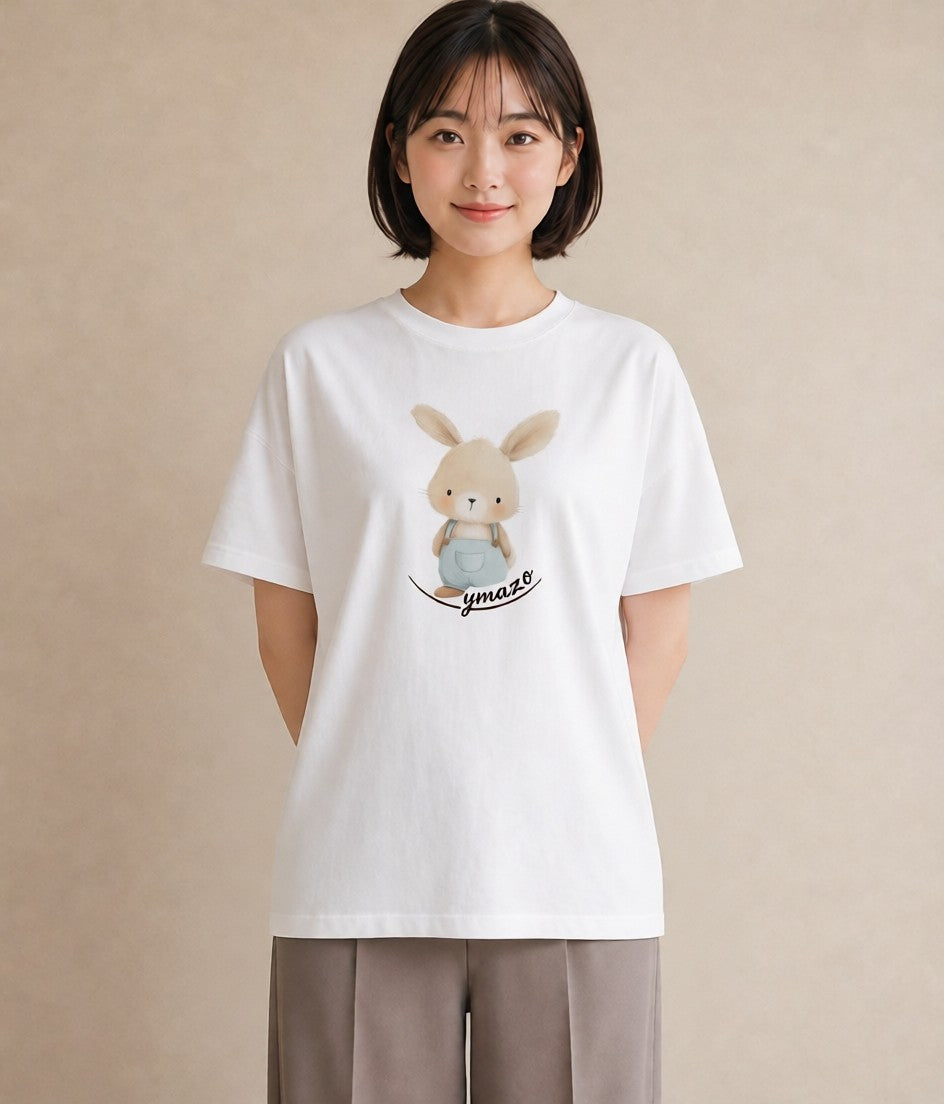 半袖Tシャツ レディース ミニうさぎ ペット 動物 イラスト 線画 ラフ レイヤード 白T YMAZO