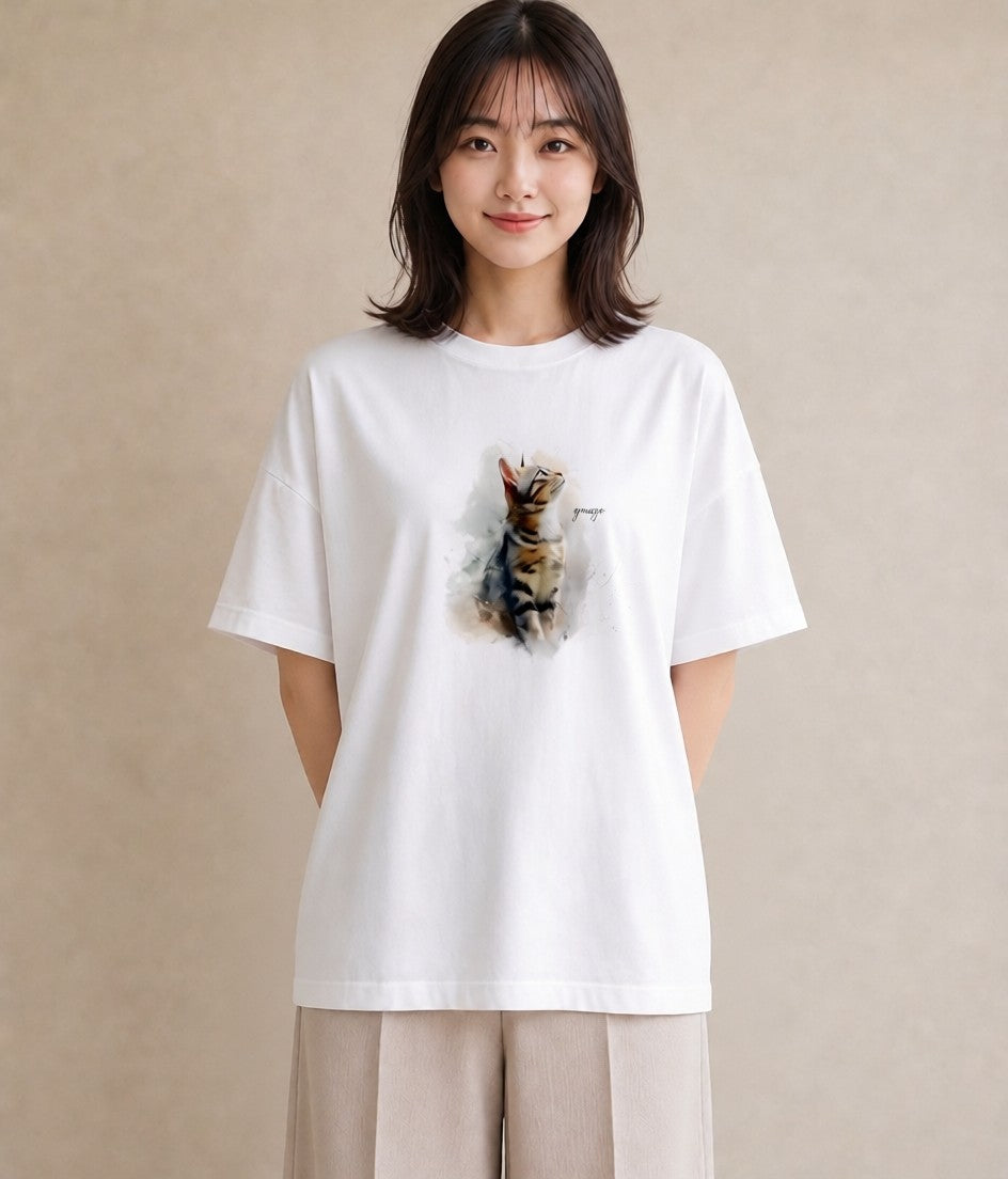 デザインTシャツ レディース メインクーン 猫 ねこ イラスト 韓国風 母の日 ビーチ 白T YMAZO
