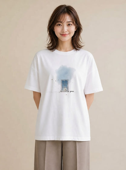 Tシャツ レディース 夕暮れ バルコニー 夕焼け ナチュラル アンティーク イラスト 線画 旅行用 海 白T YMAZO