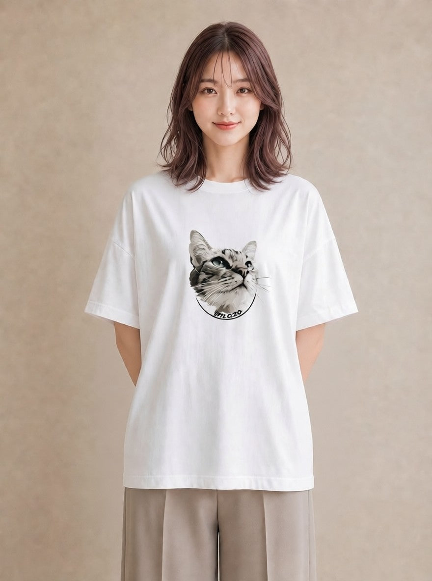 プリントTシャツ レディース シャム柄 猫 ねこ イラスト こなれ感 ミセス 春コーデ 白T YMAZO