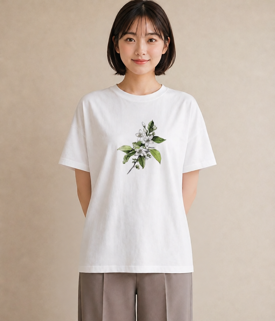 半袖Tシャツ レディース 金木犀 花 花柄 イラスト 手描き風 自分用 ルームウェア 白T