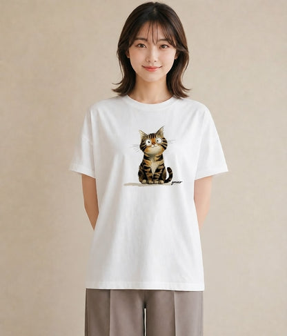 グラフィックTシャツ レディース ニャンコ 猫 ねこ イラスト ニュアンス 母の日 ビーチ 白T YMAZO