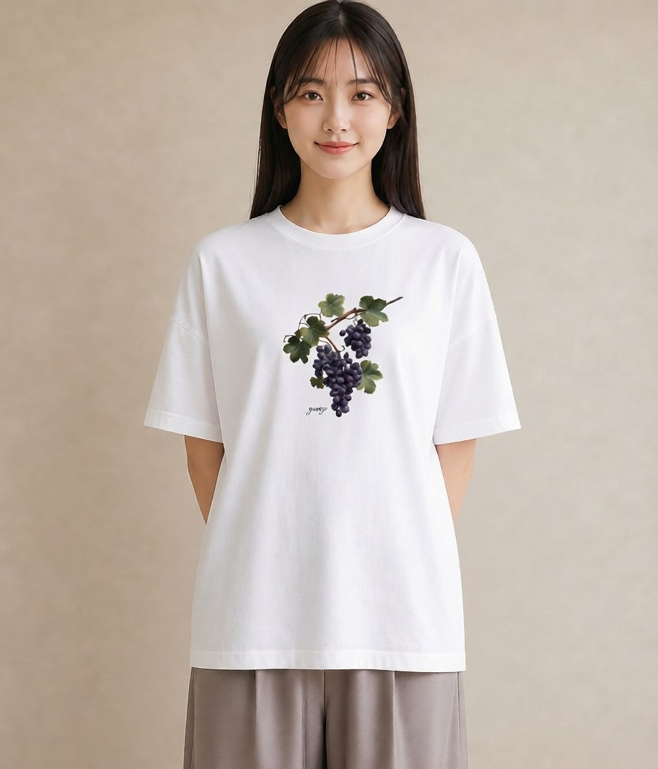 デザインTシャツ レディース ぶどう 葡萄 食べ物 フード イラスト カジュアル ママ カフェ服 白T YMAZO