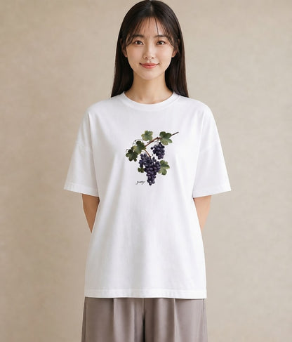デザインTシャツ レディース ぶどう 葡萄 食べ物 フード イラスト カジュアル ママ カフェ服 白T YMAZO