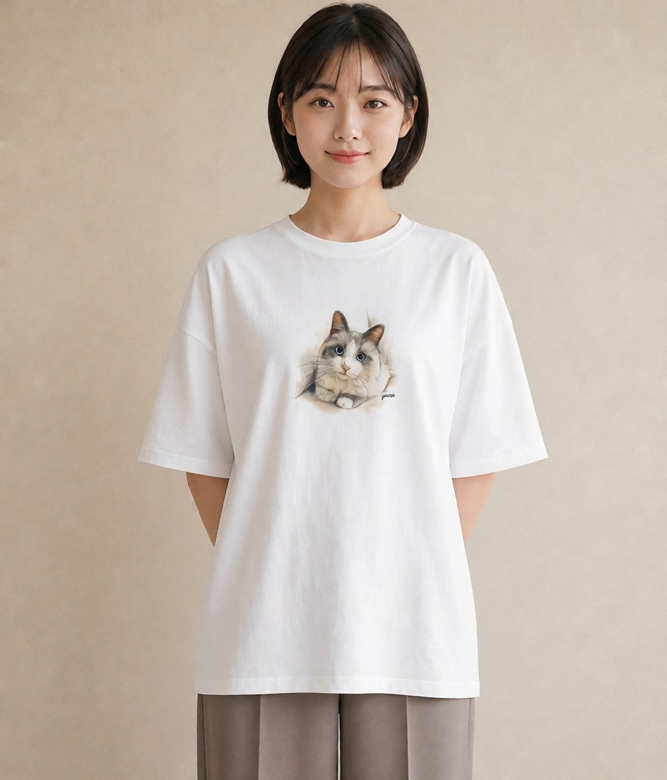 Tシャツ レディース 猫 ねこ イラスト 北欧風 デート 帰省 白T YMAZO