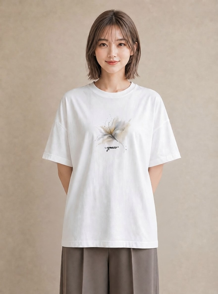 プリントTシャツ レディース ゆり 百合 花 花柄 イラスト 可愛い カジュアルコーデ 買い物 白T YMAZO