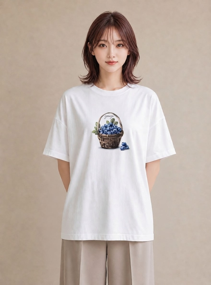 デザインTシャツ レディース ブルーベリー 食べ物 フード イラスト ヴィンテージ風 クリスマス 旅行 白T YMAZO