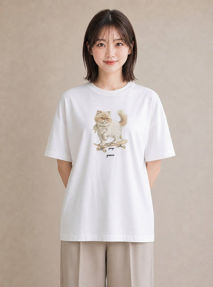 デザインTシャツ レディース エキゾチックショートヘア 猫 ねこ イラスト シンプル 通勤 在宅 白T YMAZO
