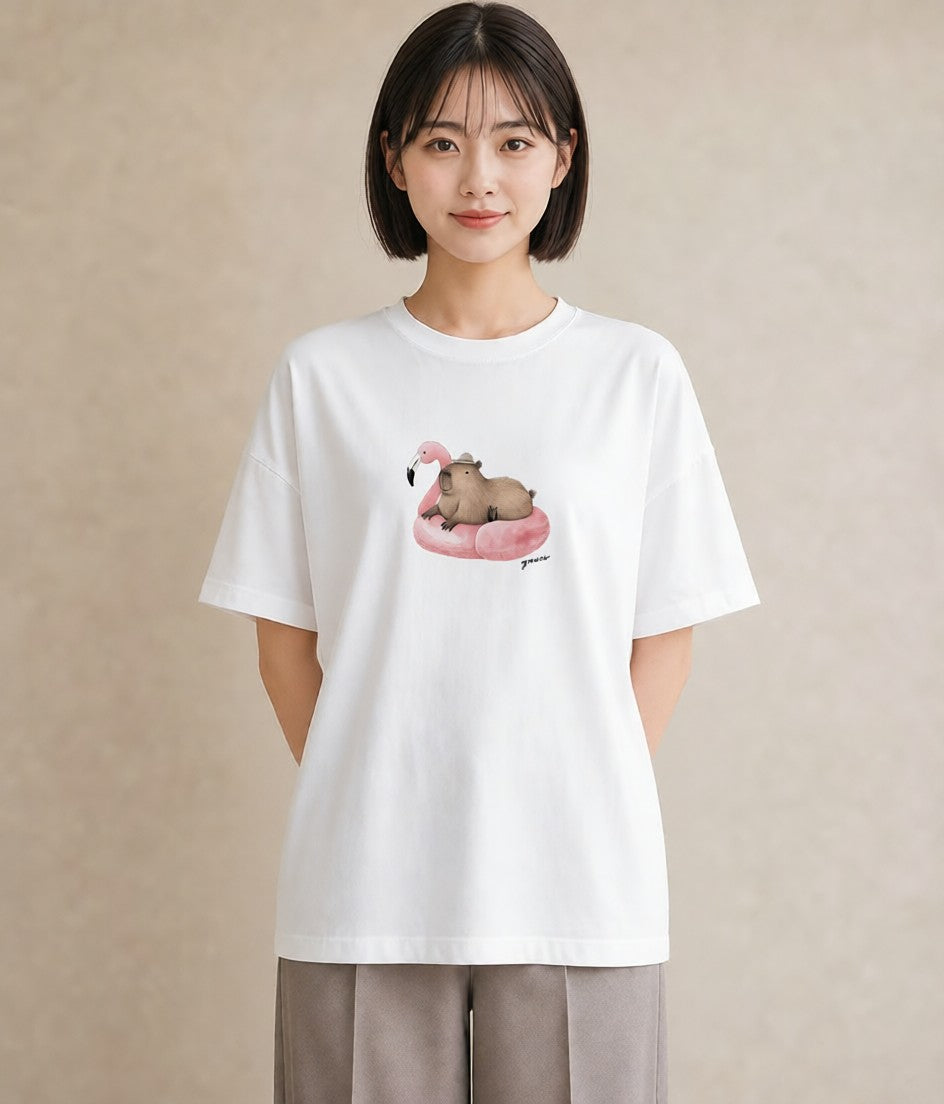 半袖Tシャツ レディース カピバラ かぴばら 動物 アニマル イラスト ニュアンス 親子 20代 白T YMAZO