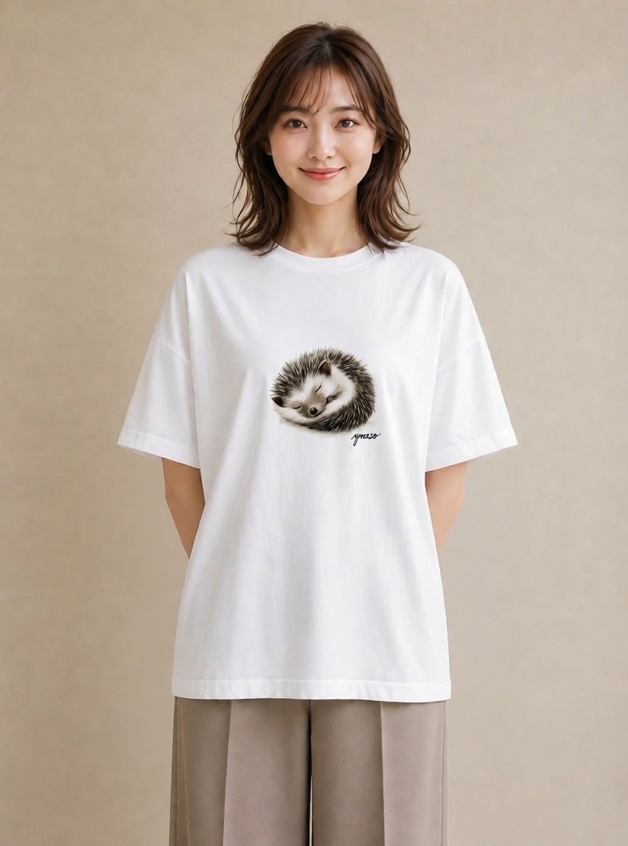 プリントTシャツ レディース ハリネズミ ペット 動物 イラスト カジュアル カジュアルコーデ 買い物 白T YMAZO
