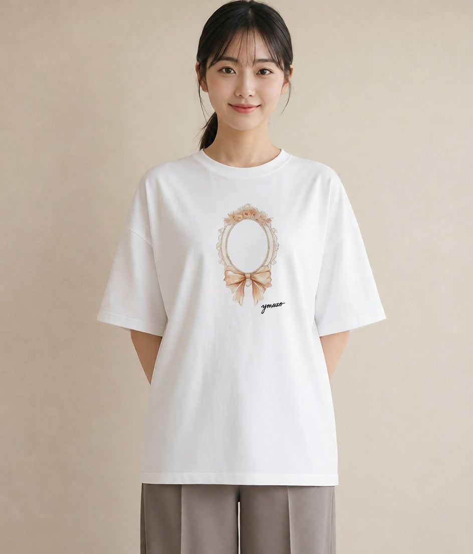 デザインTシャツ レディース 手鏡 アンティーク レトロ ナチュラル イラスト おしゃれギフト 社会人 白T YMAZO
