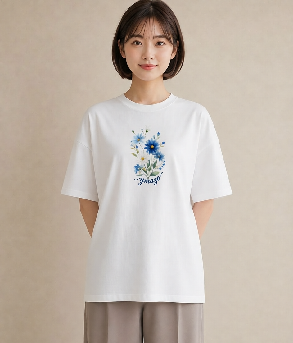 半袖Tシャツ レディース デイジー 花 花柄 イラスト 線画 ビーチ デイリーウェア 白T YMAZO