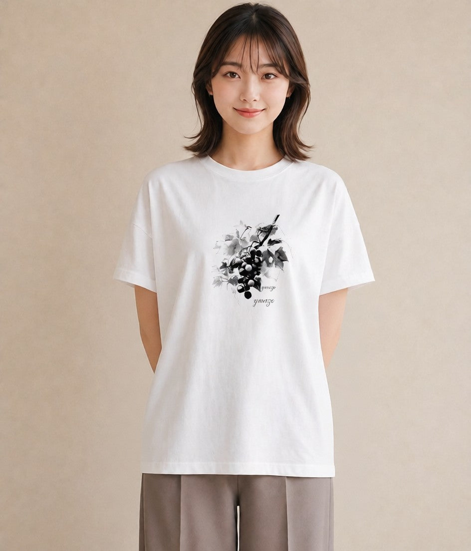 Tシャツ レディース ぶどう 葡萄 食べ物 フード イラスト ゆるコーデ ギフト 母の日 白T YMAZO