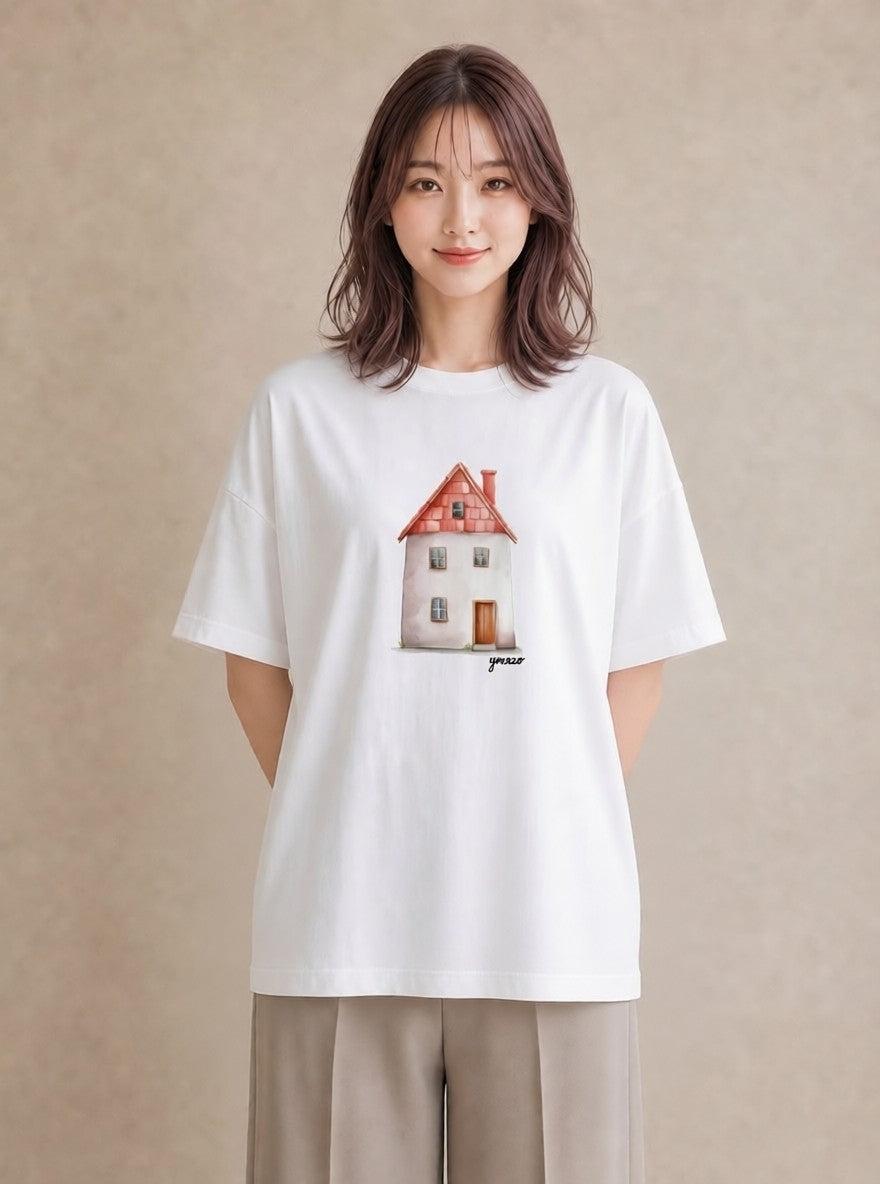 Tシャツ レディース 夕暮れ バルコニー 夕焼け ナチュラル アンティーク イラスト ボタニカル 部屋着 女性向けギフト 白T YMAZO
