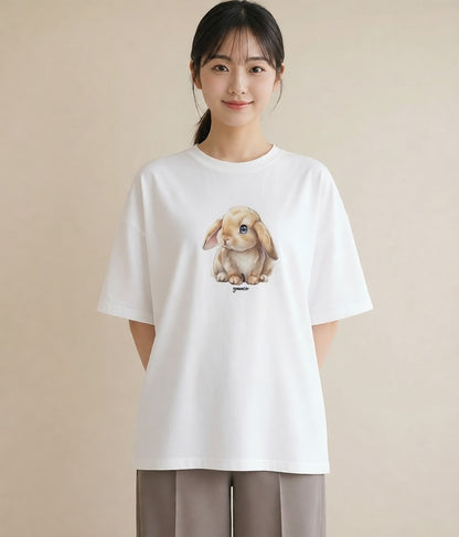 プリントTシャツ レディース ライオンラビット ペット 動物 イラスト ゆるコーデ 普段着 週末コーデ 白T YMAZO