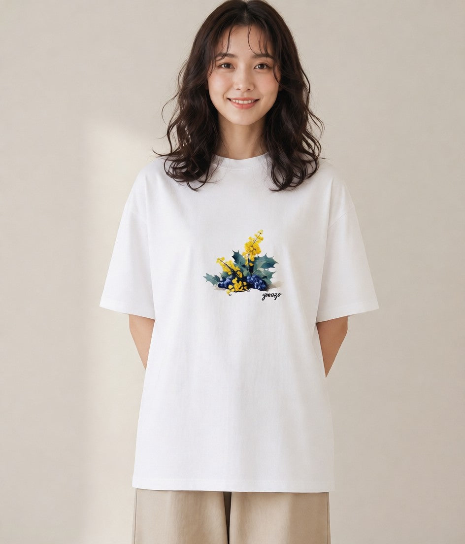 プリントTシャツ レディース 木の実 植物 ボタニカル イラスト 韓国風 レイヤード 友達ギフト 白T YMAZO