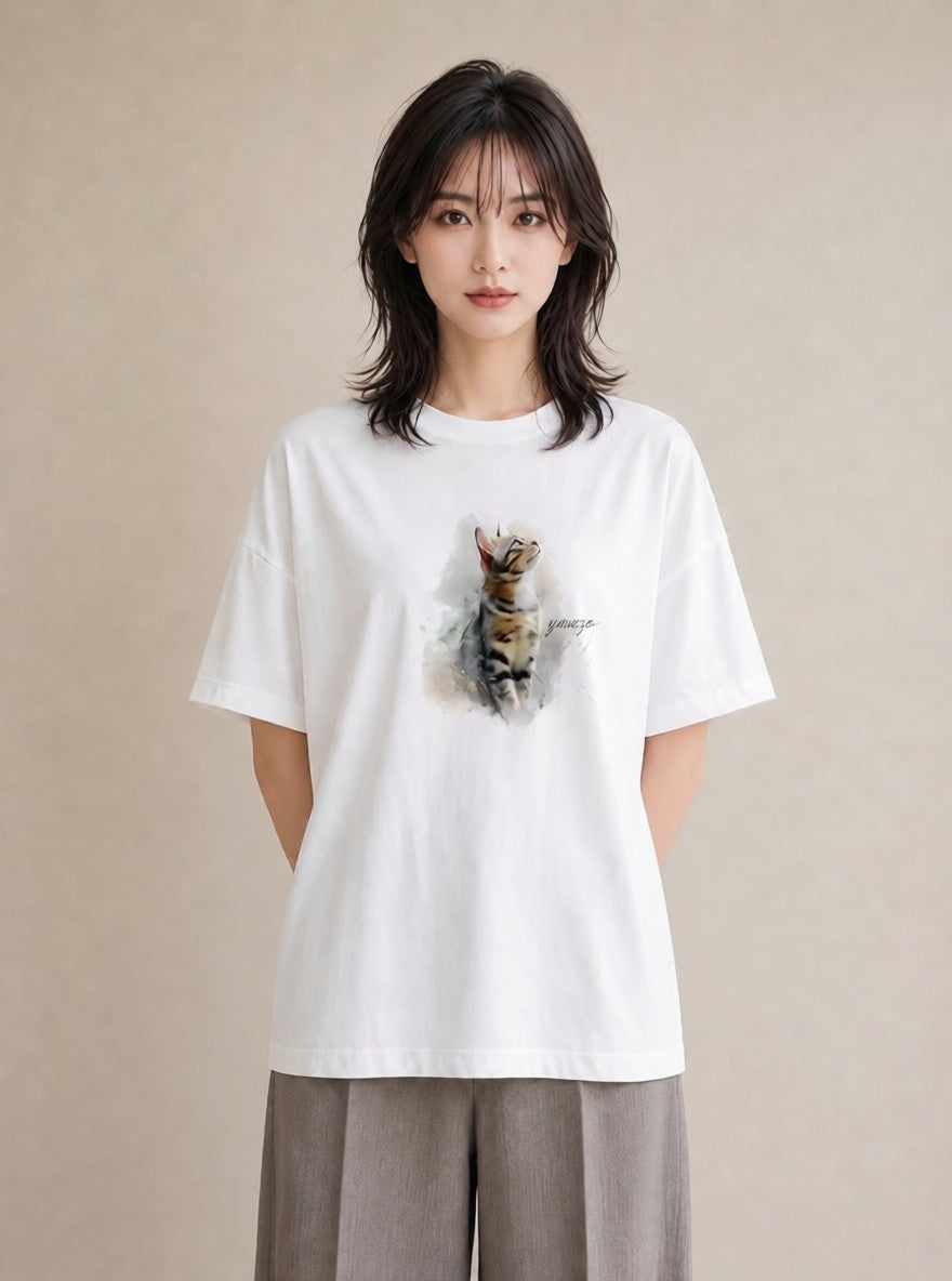 デザインTシャツ レディース 猫 ねこ イラスト 休日コーデ ペアコーデ 秋コーデ 白T YMAZO