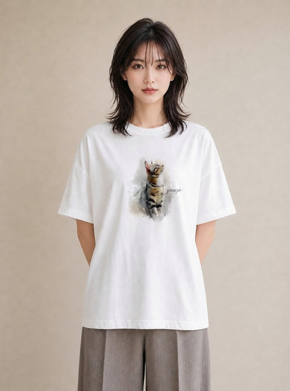 デザインTシャツ レディース 猫 ねこ イラスト 休日コーデ ペアコーデ 秋コーデ 白T YMAZO