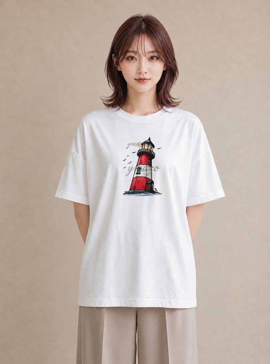 デザインTシャツ レディース 灯台 霧 海 ナチュラル アンティーク イラスト 手描き風 ホワイトデー 春服 白T YMAZO