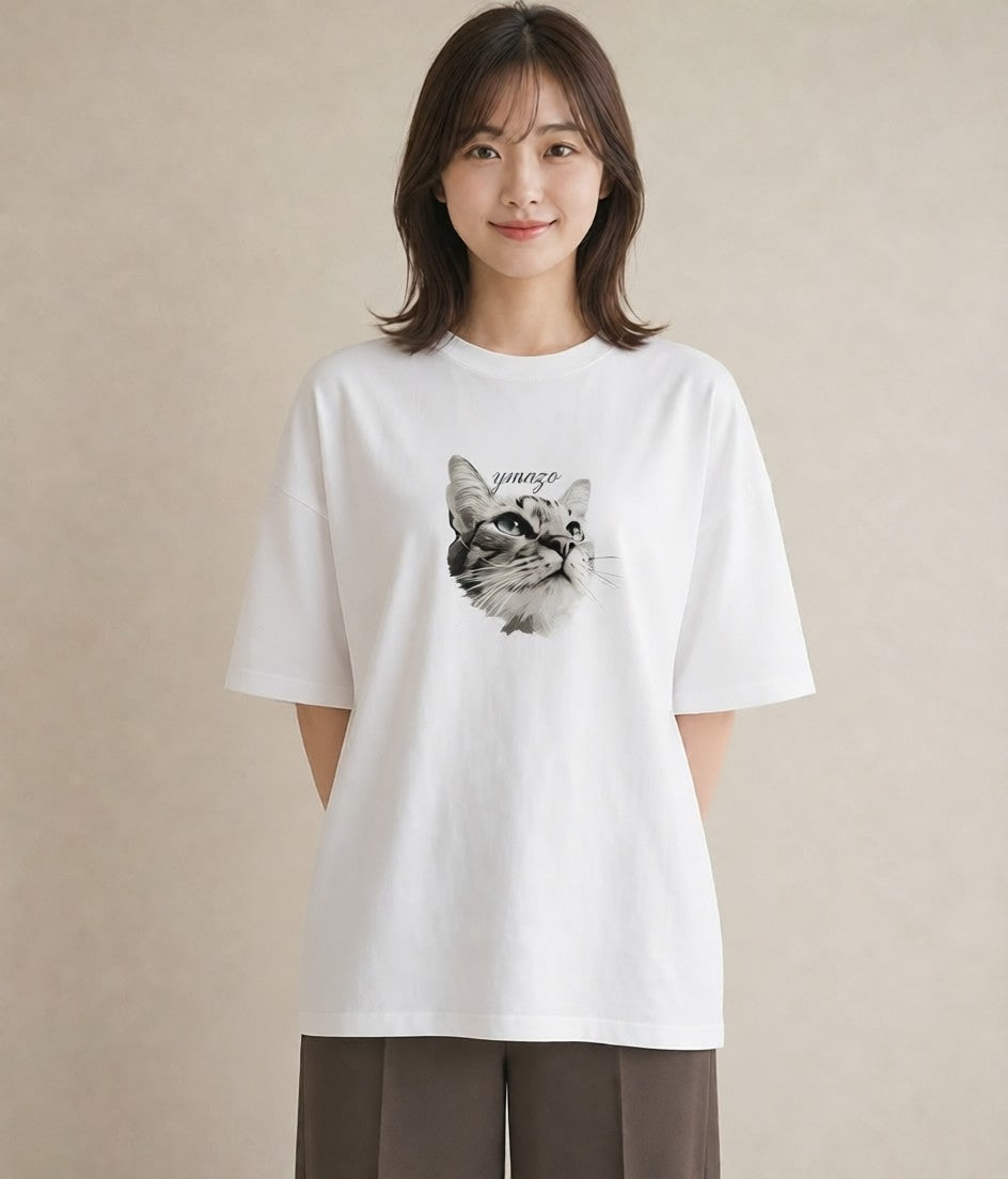 Tシャツ レディース 白猫 猫 ねこ イラスト 手描き風 デート 帰省 白T YMAZO