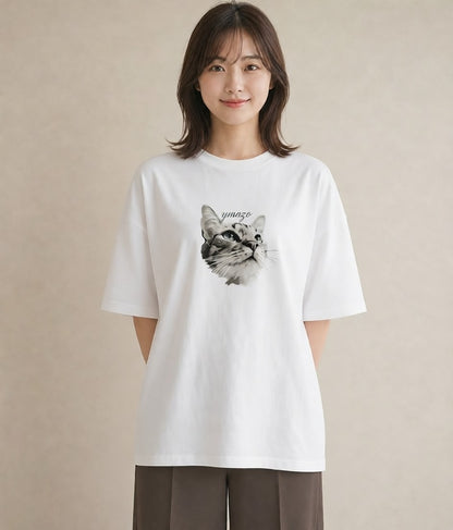 Tシャツ レディース 白猫 猫 ねこ イラスト 手描き風 デート 帰省 白T YMAZO