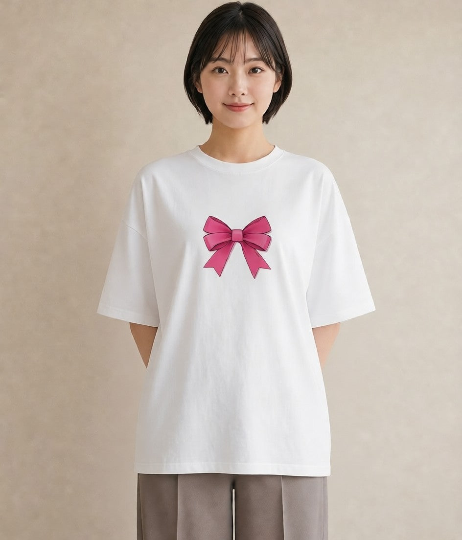 グラフィックTシャツ レディース リボン ボウ りぼん イラスト ガーリー 誕生日プレゼント 綿100 白T YMAZO